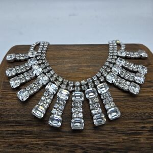 50's Clear Rhinestone Necklace Silver Tone Bridal Wedding Prom Statement Fashion